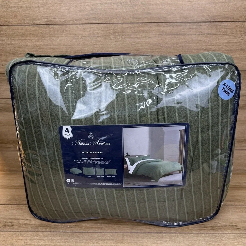 Brooks Brothers 4 Piece Comforter Set Twin XL 100% Cotton Flannel Green Stripes
